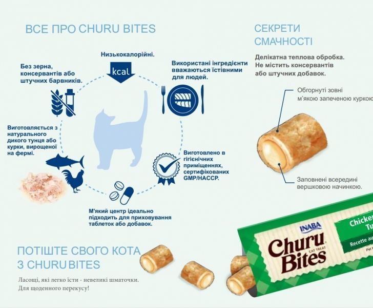 Ласощі для котів INABA "Churu Bites" подушечки з куркою, тунцем та лососем, 3 шт по 10 г EU723 фото