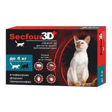 Краплі Secfour 3D проти бліх і кліщів для котів 0,5 мл, до 4 кг 2 піп/уп НФ-00003848 (S-745) фото
