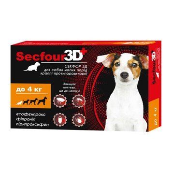 Капли Secfour 3D против блох и клещей для собак малых пород до 4 кг 0,5 мл, 2 пип/уп НФ-00003598 (S-746) фото