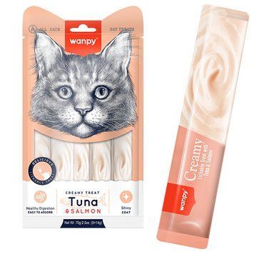 Wanpy Creamy Lickable Treats Tuna & Salmon ВАНПІ ТУНЕЦЬ З ЛОСОСЕМ рідкі ласощі для котів - 5 стіків по 14 г RAC-52 фото