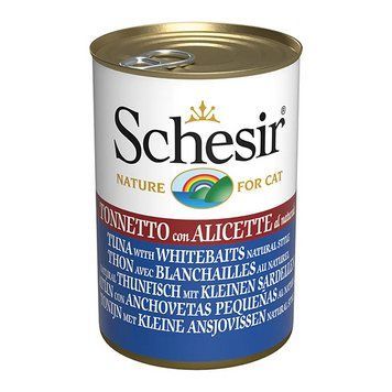 Schesir Tuna with Whitebaits ШЕЗИР ТУНЕЦ С АНЧОУСАМИ в бульоне натуральные консервы для кошек, банка 140г 270214 фото