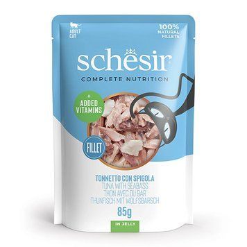 Schesir Tuna Seabass ШЕЗИР ТУНЕЦ с МОРСКИМ ОКУНЕМ в желе для котов, влажный корм, пауч - 85 г 171054 фото