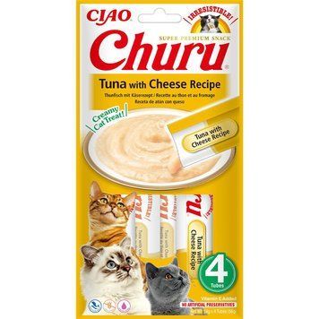 Ласощі INABA "Churu" для котів, вершковий мус в стіках, тунець з сиром 4*14 гр EU112 фото