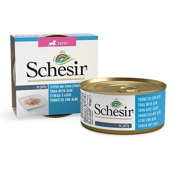Schesir Tuna Aloe Puppy ШЕЗІР Тунець з АЛОЕ в желе натуральні консерви для цуценят, вологий корм, банку 150 г 712622 фото