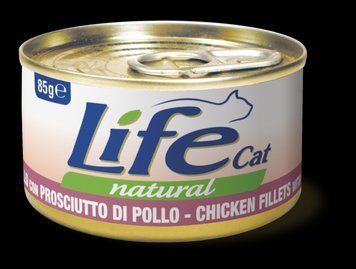 Консерва для кішок класу холістик LifeCat Chicken fillet with ham 85g, ЛайфКет 85 г Куряче філе з шинкою 8034105422728 фото