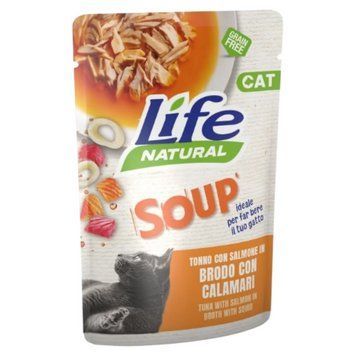 Вологий корм LifeCat Soup Tuna with salmon with squids для кішок у вигляді супу з тунцем та лососем в бульйоні з кальмарами 60 гр 8034105425491 фото